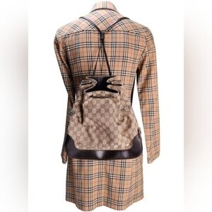 Gucci Beige Monogram Drawstring Backpack with Brown Leather Trim